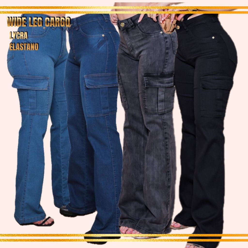 Calça Jeans Feminina Wide Leg Cargo Cintura Alta com LYCRA Elástano conforto e moda PREMIUM 36 ao 54 PLUS em Oferta na Shopee