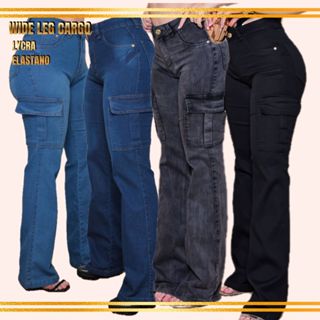 Calça Jeans Feminina Wide Leg Cargo Cintura Alta com LYCRA Elástano conforto e moda PREMIUM 36 ao 54 PLUS em Oferta na Shopee