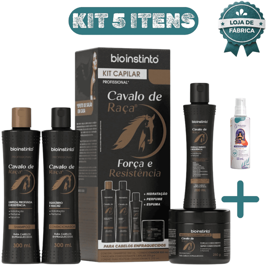 Kit Capilar Cavalo de Raça Bio Instinto 5 Itens + Desodorante Íntimo Algodão Doce Força, Crescimento