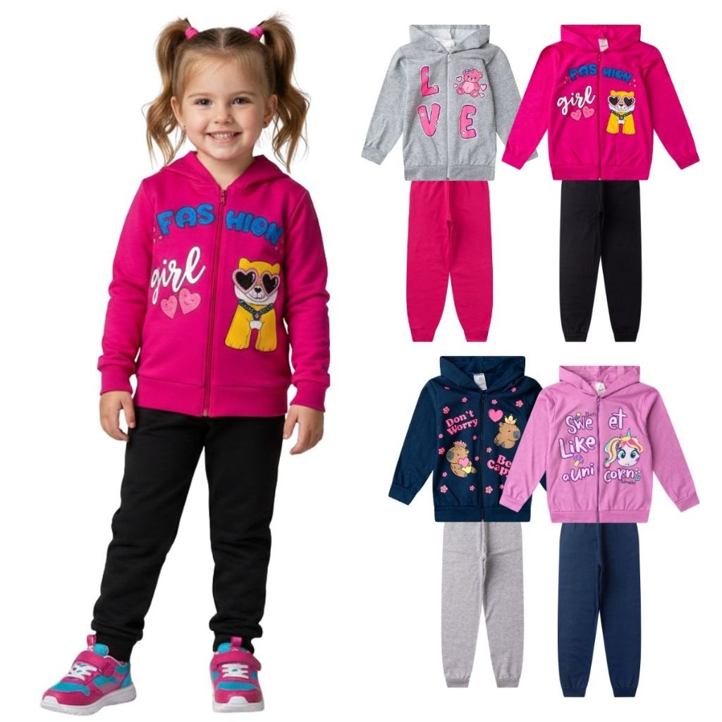 4 peças Kit Sortido  Menina Moletom Inverno Conjunto Roupa Infantil Capuz Zíper Flanelado Quente