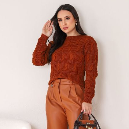 Blusa de Frio Trico Trança Básica Gola Redonda Manga Longa Inverno Tricot Moda Feminina