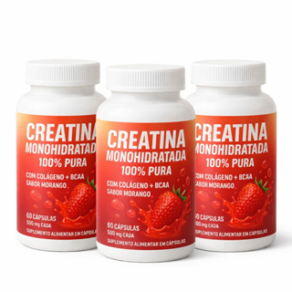 Kit 3 Creatina Feminina com Colágeno e BCAA - Sabor Morango - Ganho de Glúteos, Massa Muscular e Definição em Oferta na Shopee
