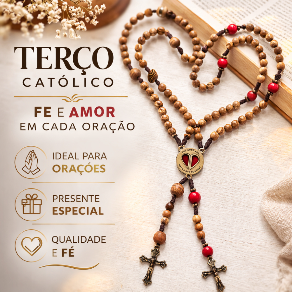Kit Terço Casal Catolico Madeira Metal Presente Religioso 8mm Coração Fé Presente Religioso 43cm