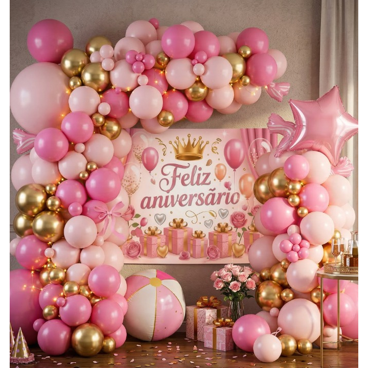 Kit Arco de Balões Rosa Decoração Festa Aniversário Painel Cortina 62 Pcs MM-QQ1