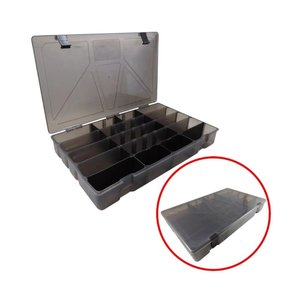 ESTOJO ORGANIZADOR BOX 50 FUMÊ PARA ISCAS ARTIFICIAIS, PARAFUSOS, BIJUTERIA ETC C/ 24 DIVISÕES - ROCHEL PESCA