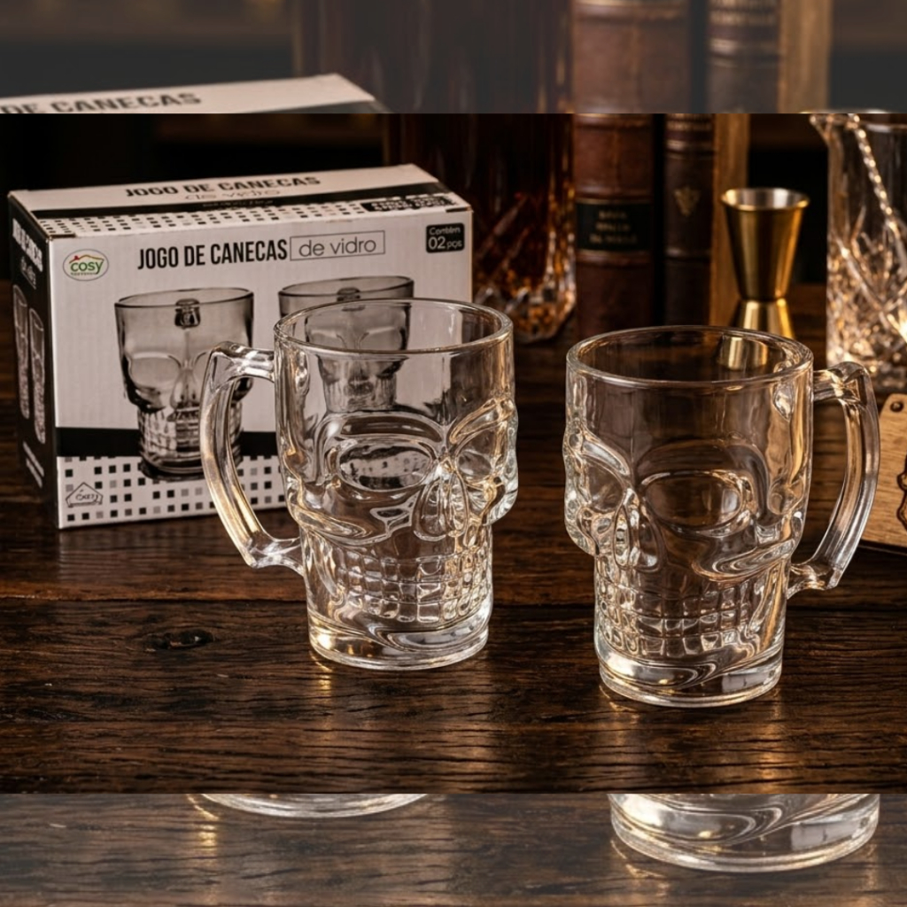 Kit 2 Canecas Vidro Caveira para Cerveja e Chopp 360ml - COSY em Oferta na Shopee