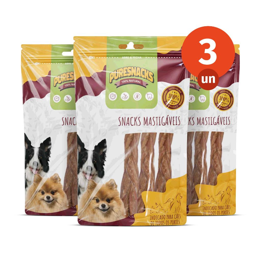 Kit Mordedor Petisco Trança Bovina 100% Natural 9 Unidades para Cães PureSnacks 80g em Oferta na Shopee