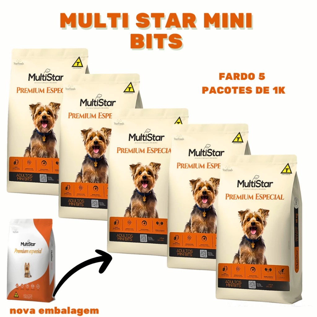 Ração Multi Star Mini Bits Adultos Fardo 5pcts de 1k Raças Pequenas Premium Especial sem corantes