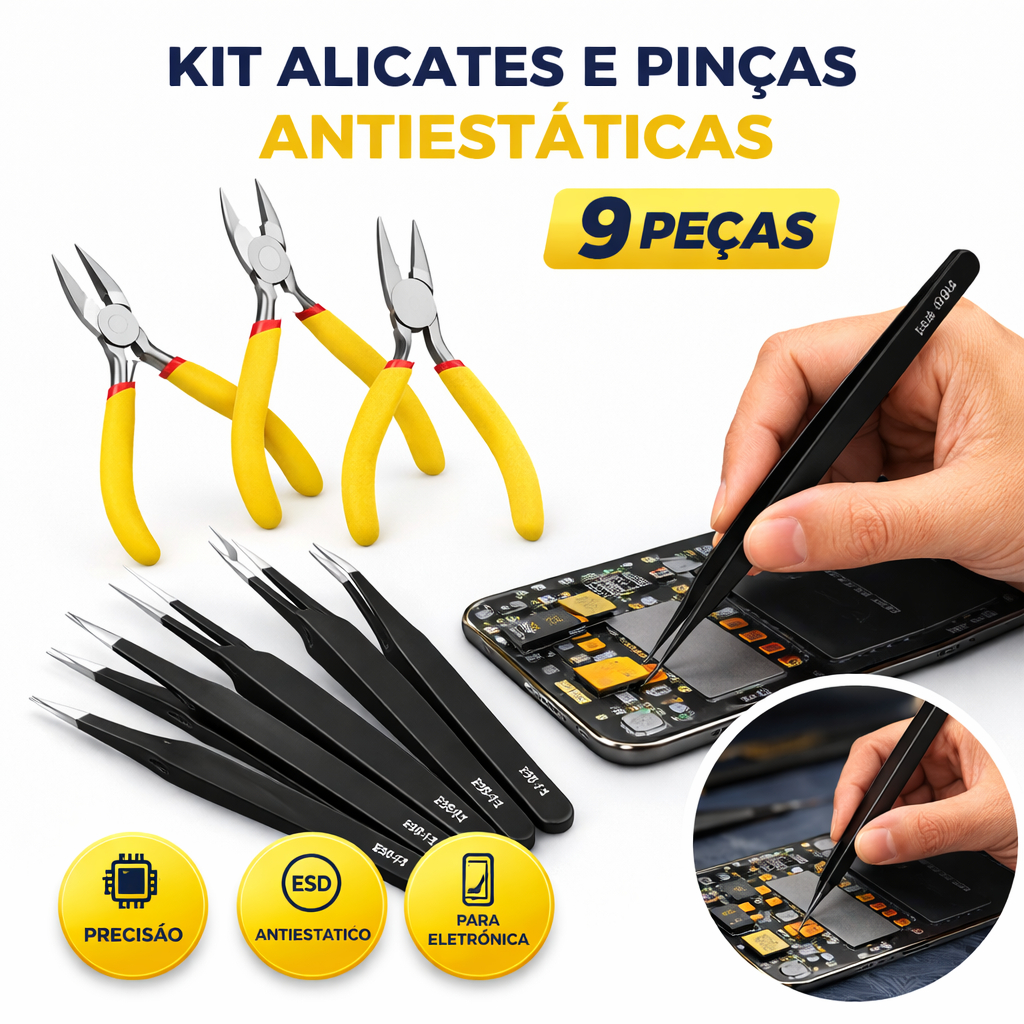 Kit 9 Peças Ferramentas de Precisão com Alicates e Pinças Antiestáticas para Eletrônica