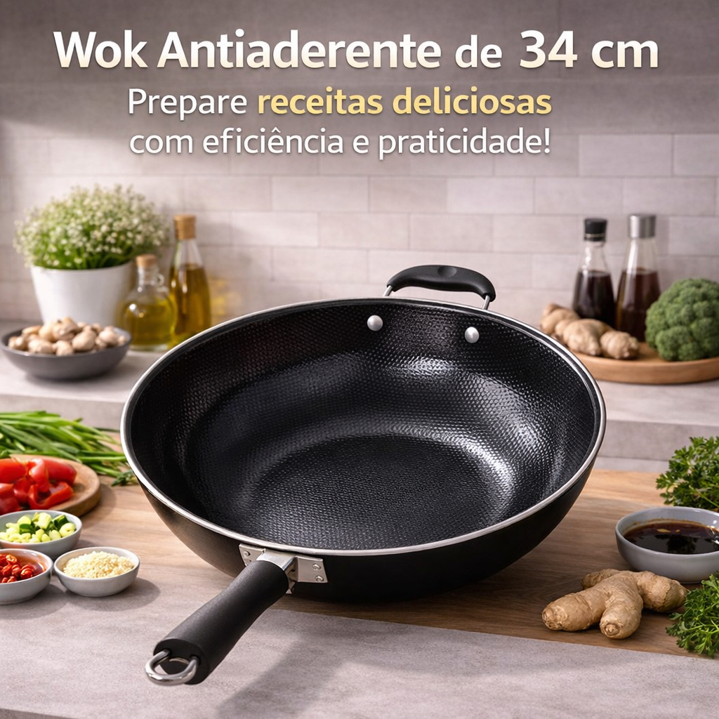 Frigideira Wok Antiaderente 34cm Grande Profissional Para Yakisoba Carnes Legumes Refogados