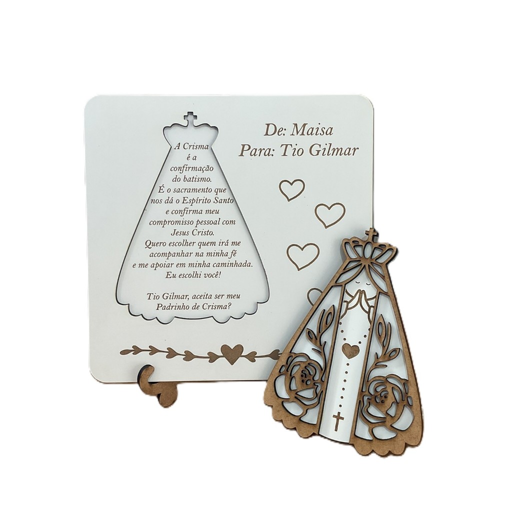 Convite Padrinho Madrinha Crisma Batizado MDF Personalizado 18x18cm com Suporte Mensagem Religiosa