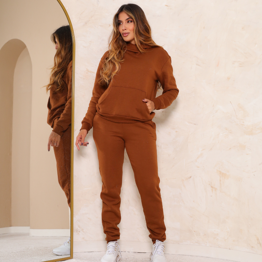Conjunto Moletom Feminino Marrom Premium Peluciado Algodão Gola Trançada Lisa Moda
