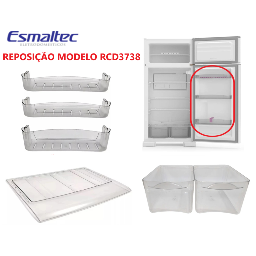 Peças Geladeira Esmaltec RCD37 RCD38 – Prateleira Rasa, Prateleira Garrafas, Gaveta e Tampa Legumes - Original