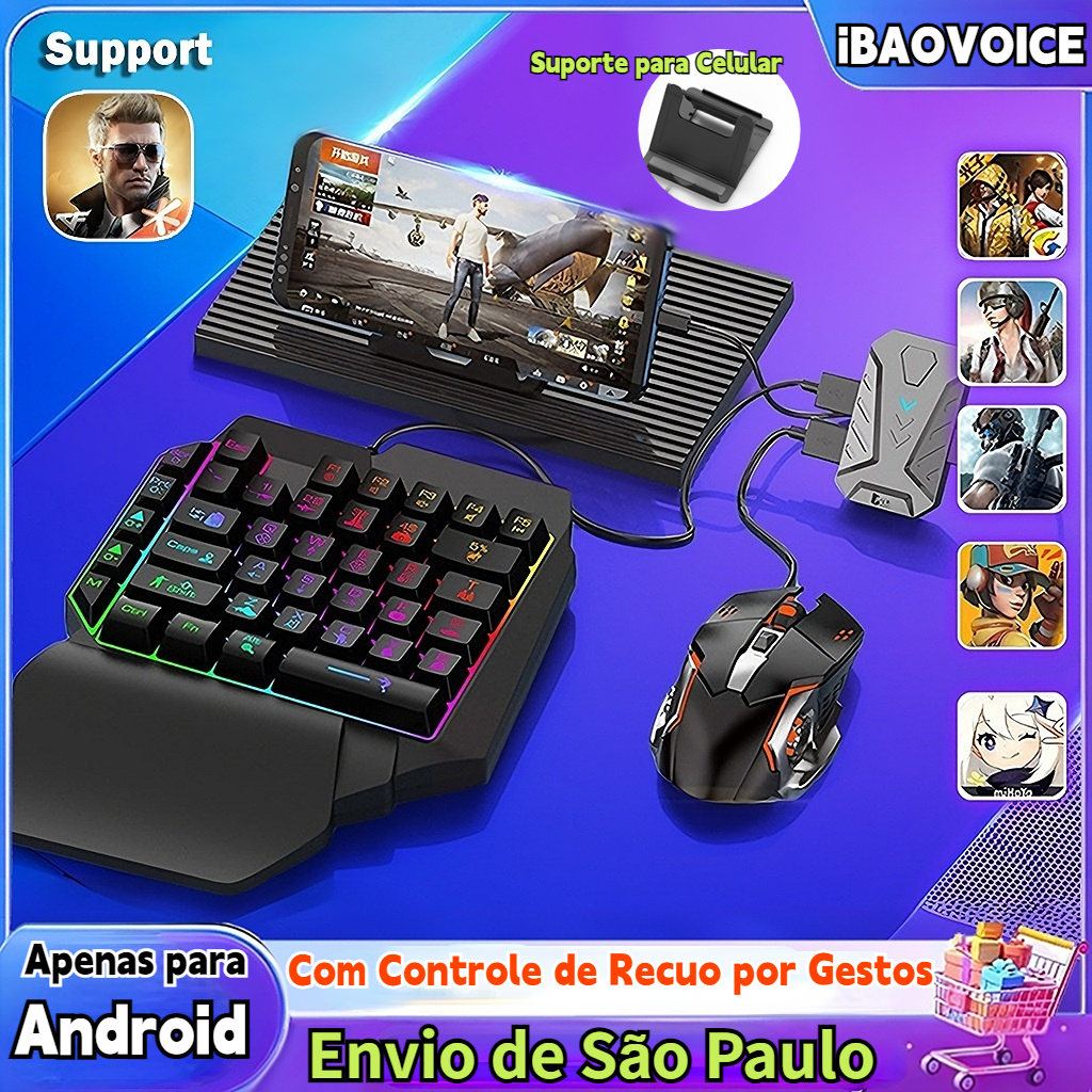 Controle Gamer Conversor iBAOVOICE para Celular com Mouse e Teclado – Conexão Bluetooth e PC, compatível com PUBG e Jogo