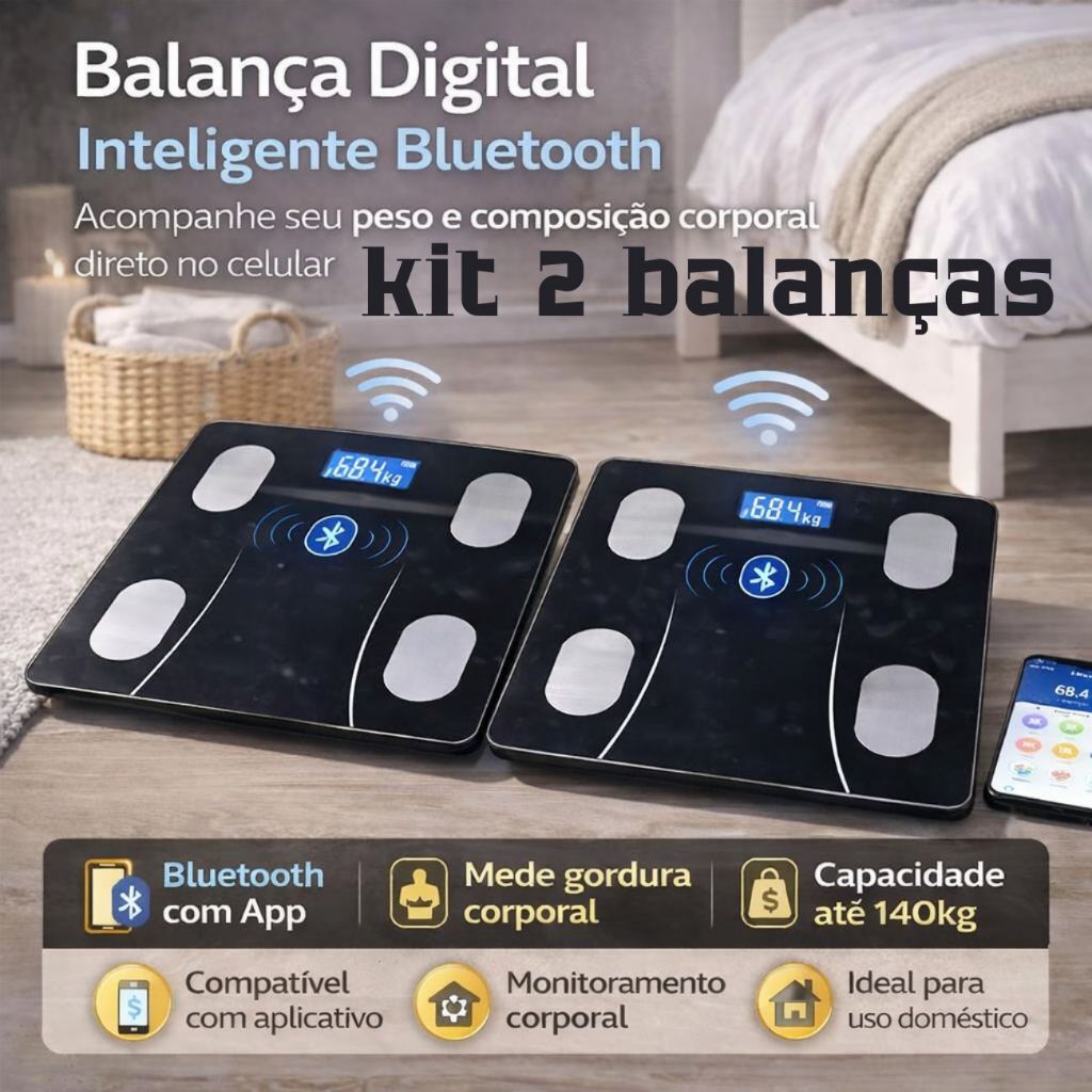 Balança de Bioimpedância Bluetooth 13 Índices Corporais IMC Gordura Muscular App Android iOS Academia Casa