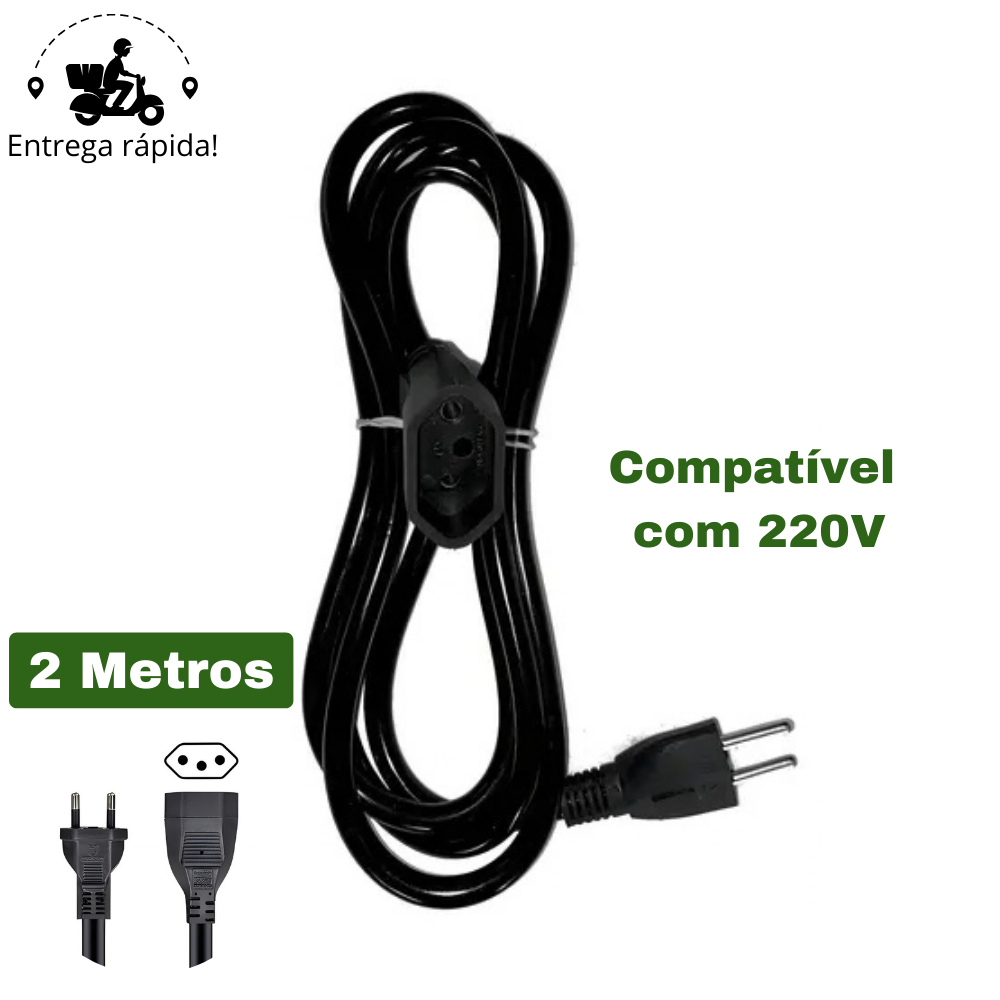 Extensão Elétrica Prolongador Preto Extensor de Cabo 2 Metros Bivolt 110v e 220v