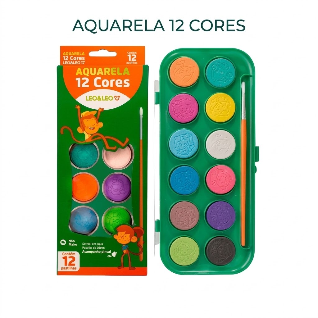Estojo Aquarela 12 Cores Com Pincel - Pintura Escolar Atóxica