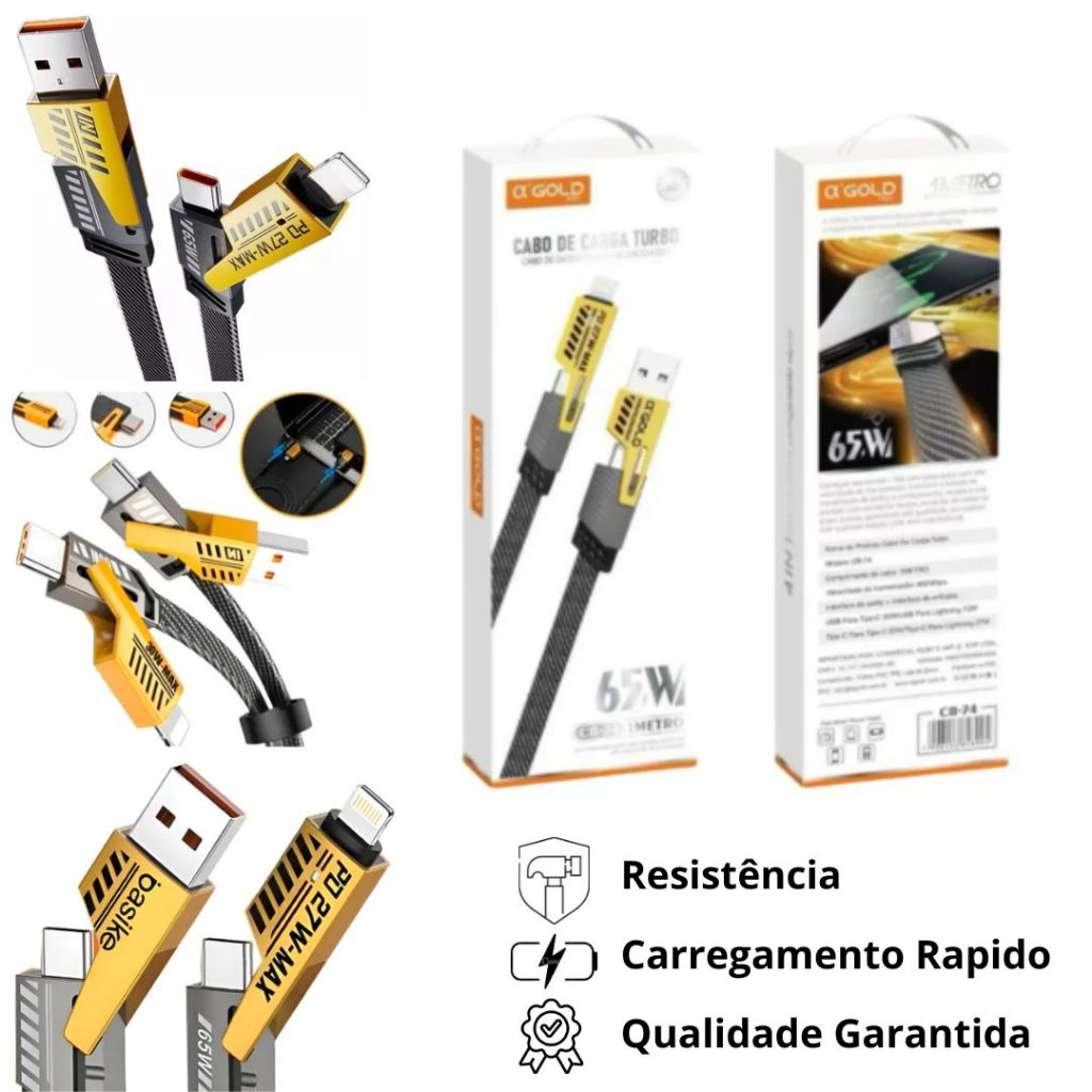 Cabo de dados 4 em 1 65W super rápido