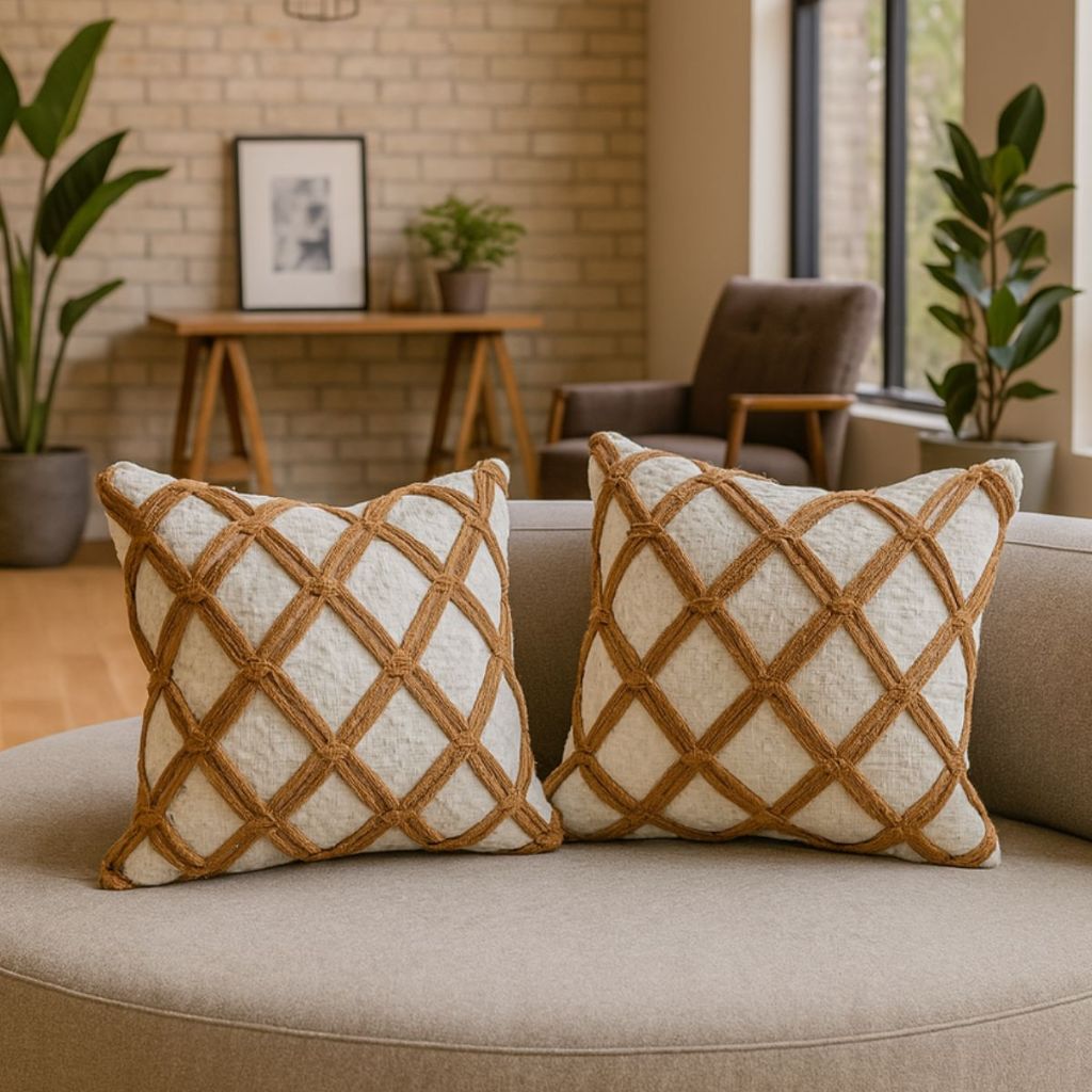 Kit 2 Capas de almofadas Decorativas algodão Pompom Trance Boho Chic Rustica Artesanal Cru em Oferta na Shopee