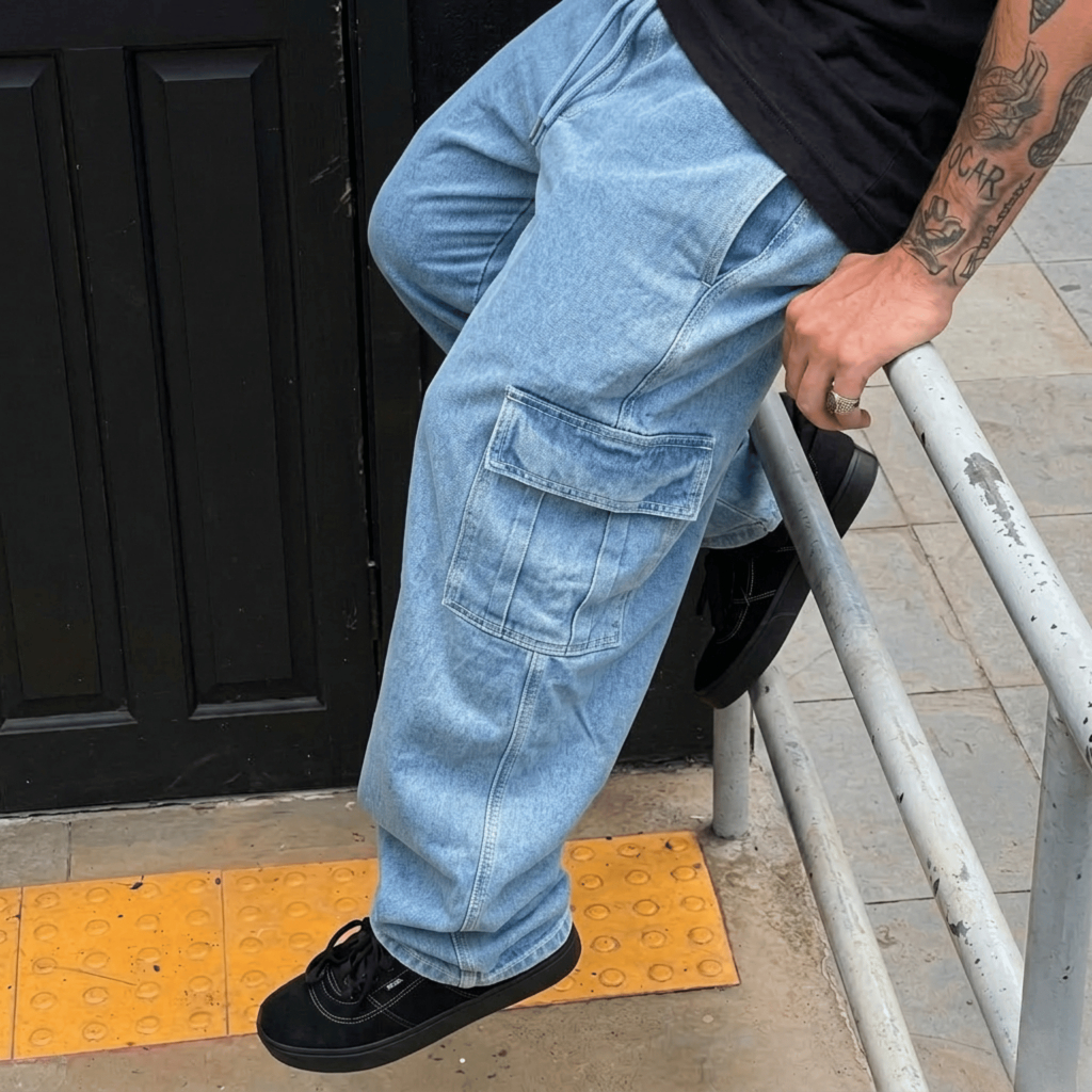 Calça Cargo Masculina Larga Bolsos Grandes Estilo Casual Tática Streetwear