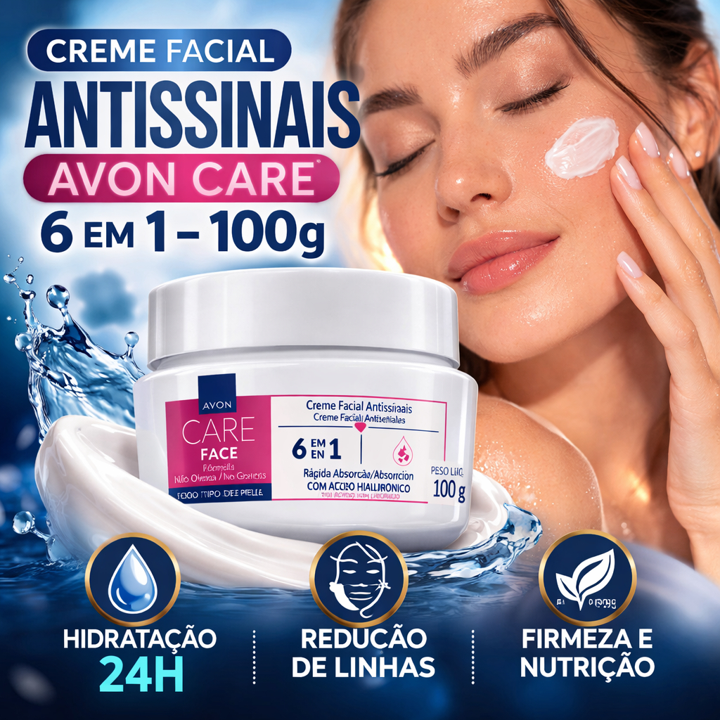 Creme Facial Antissinais Avon Care 6 em 1 - 100g Ácido Hialurônico Hidratação 24h Firmeza e Proteção