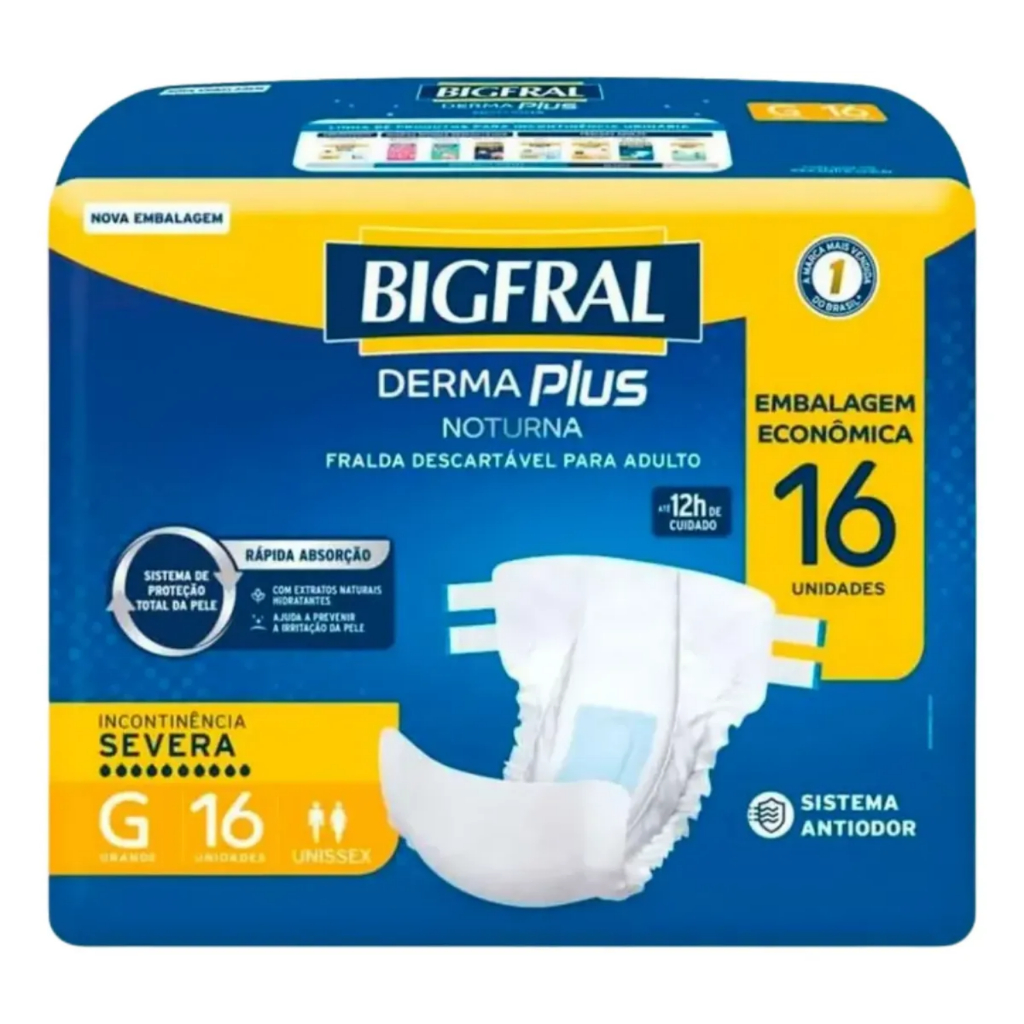 Fralda Descartável Bigfral Derma Plus Noturna G 16 Unidades