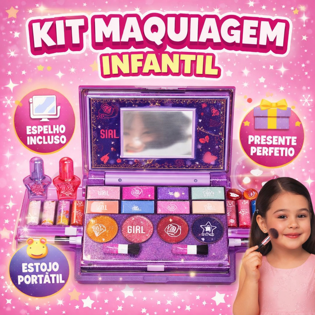 Maleta Kit Maquiagem Infantil Menina com Espelho Estojo Maquiagem Criança Brinquedo Beleza Presente
