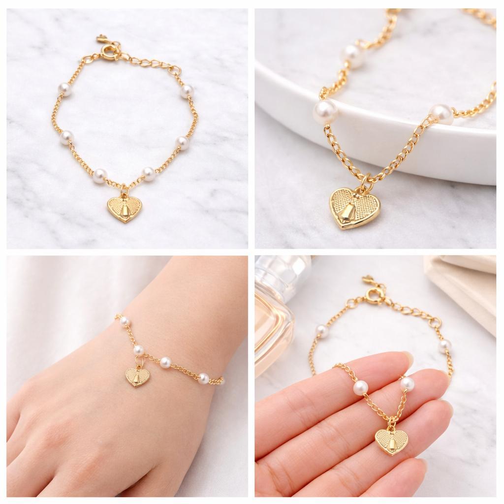 Pulseira Infantil Delicada Nossa Senhora Aparecida com Pérolas e Extensor - Folheada a Ouro (14cm + 3cm)