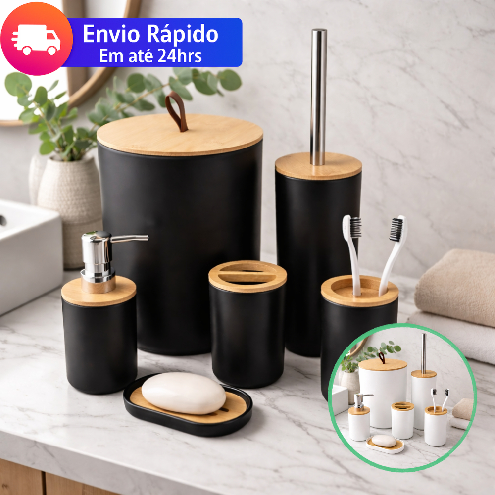 Kit Banheiro Completo 6, 4 Peças Bambu – Lixeira Basculante, Dispenser, Porta Escova e Saboneteira