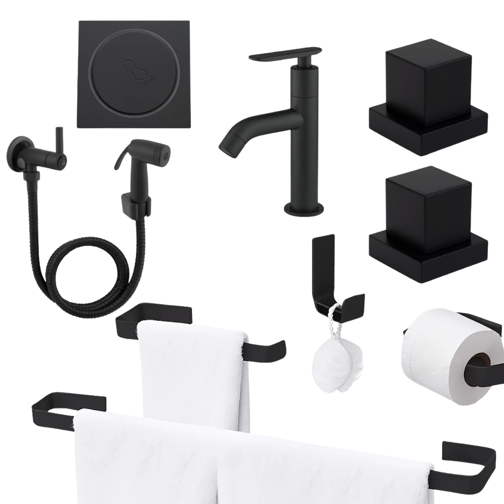 Kit Acessórios Banheiro Preto Completo Torneira Bica Alta Ducha Higiênica Ralo Click 10x10 Lavabo