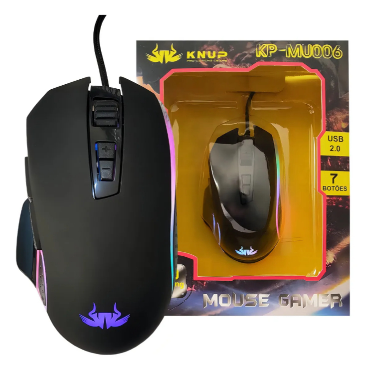 Mouse Gamer Knup Laser 4800dpi Rgb 7 Botões Usb Com Led Preto