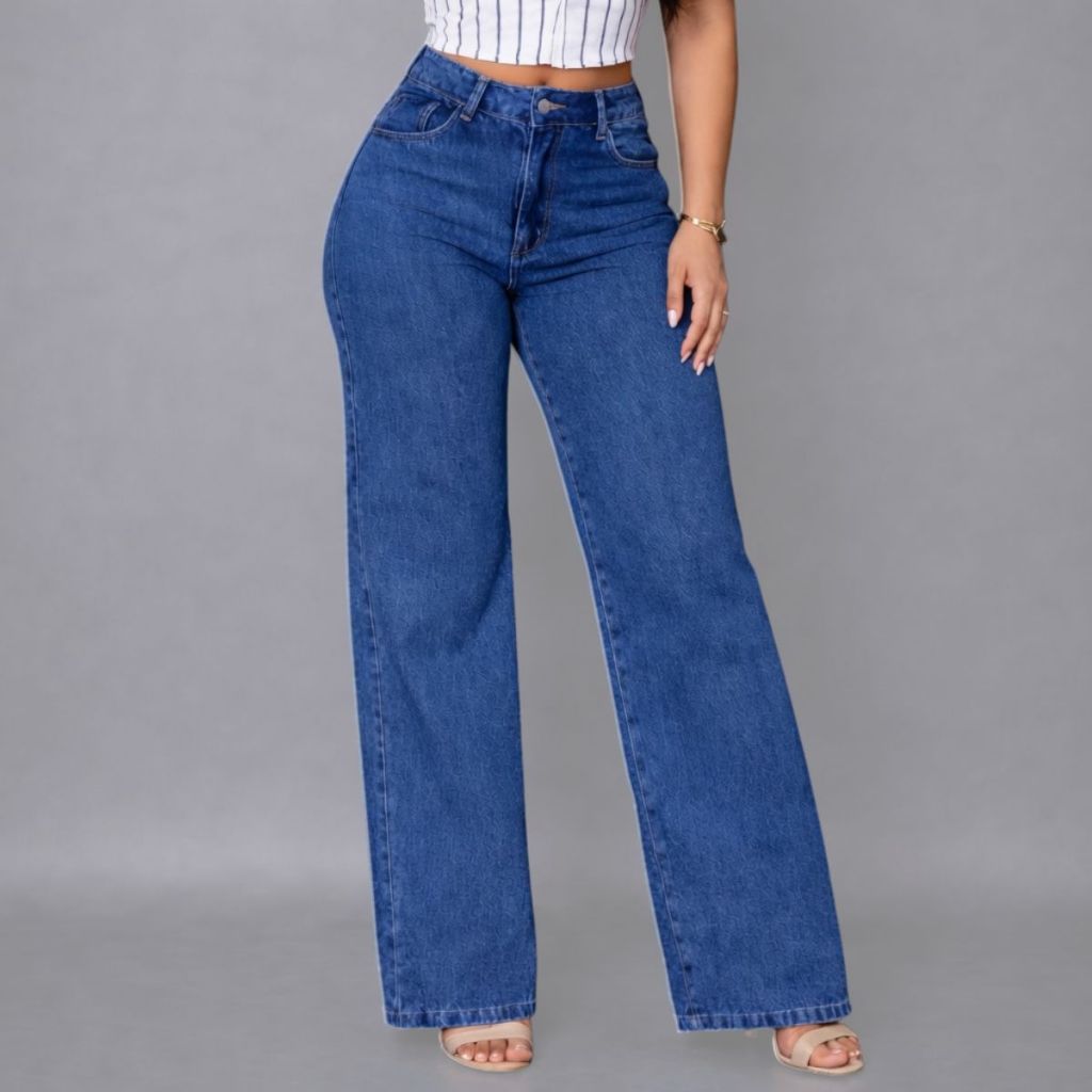 Calça Jeans Feminina Wide Leg Cintura Alta Pantalona Lavagem Escura Boca Larga 100% Algodão Premium