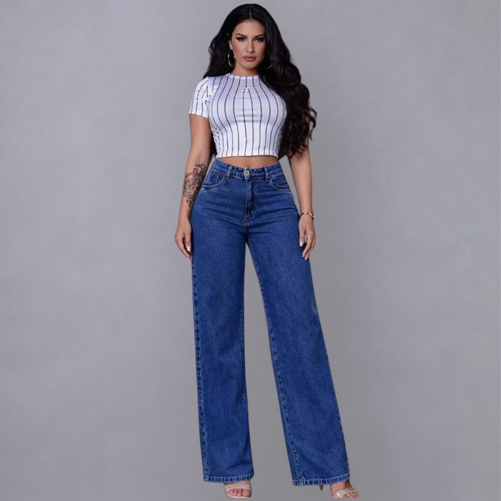 Calça Jeans Feminina Wide Leg Cintura Alta Pantalona Escura Marmorizada Boca Larga Tecido Premium