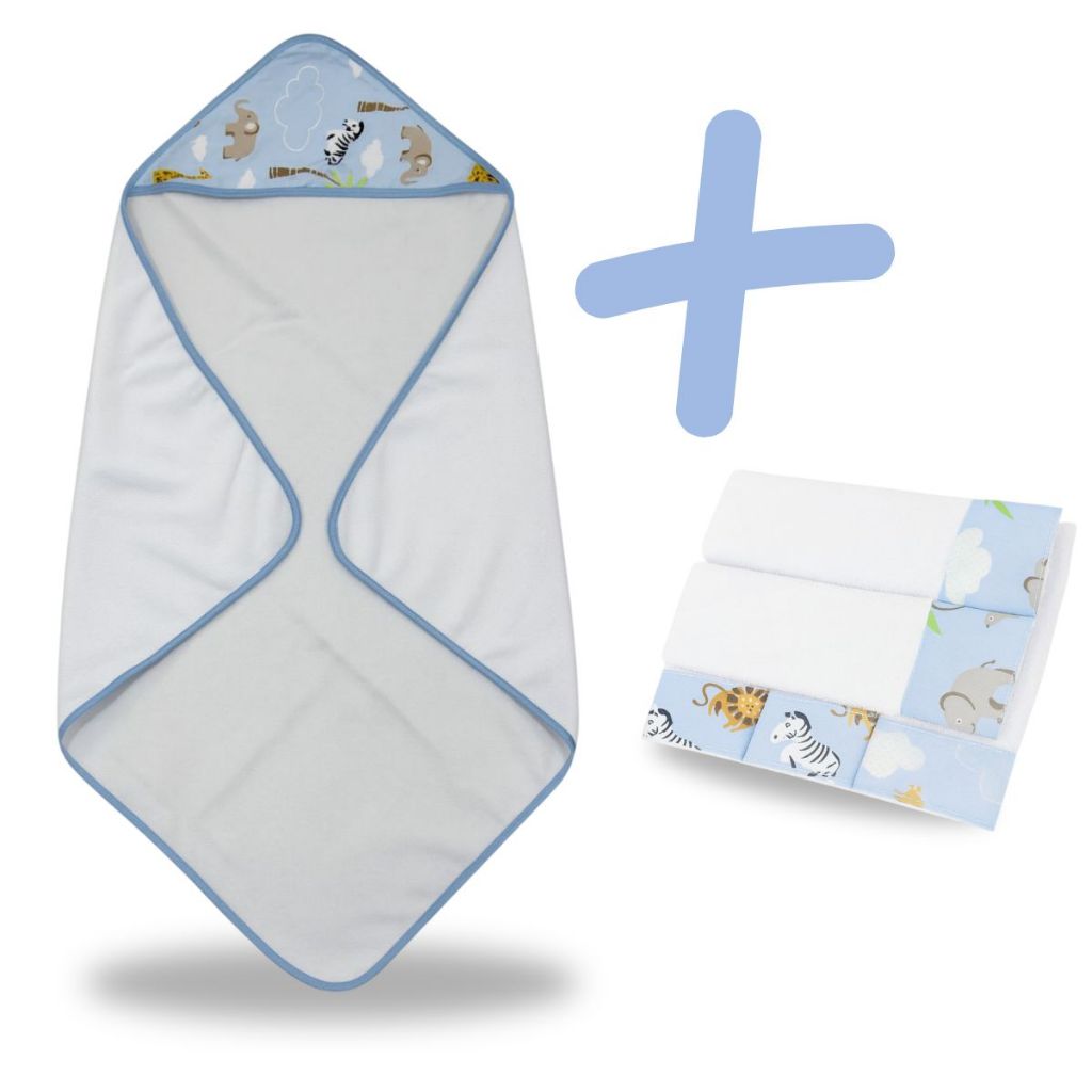 Toalha de Banho Para Bebe com Capuz Kit Fralda de Boca Toalhinhas Enxoval Menina Menino Rosa Azul