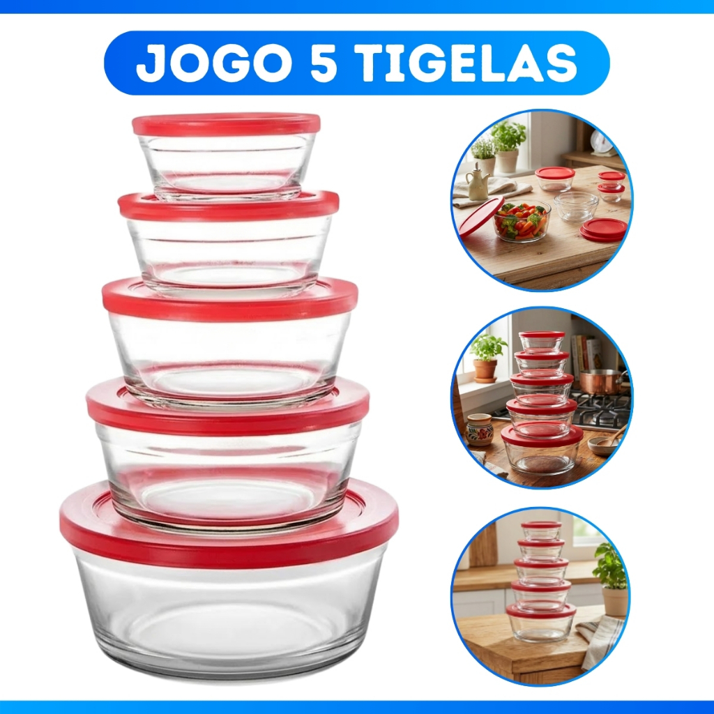 Conjunto 5 Potes Vidro Com Tampa Jogo De Vasilhas Tigelas - Desconto