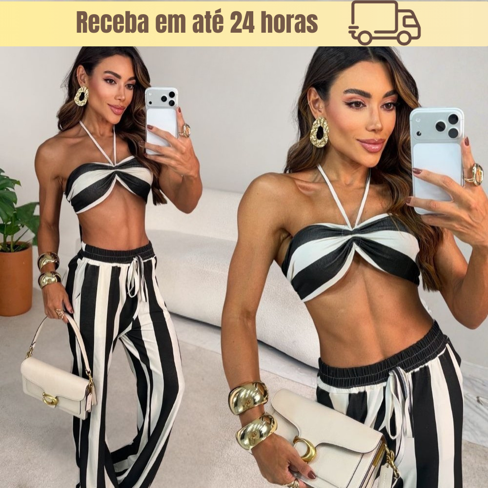 Conjunto Feminino Listrado Viscolycra Top Cropped e Calça Pantalona Moda Verão Elegante em Oferta na Shopee
