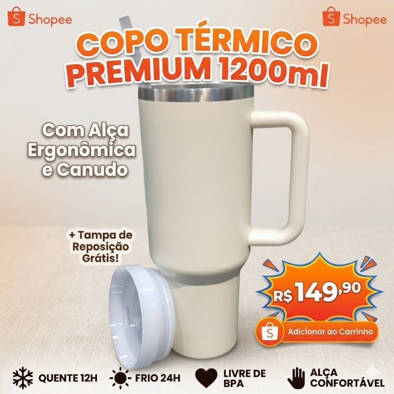 Copo Térmico 1200ml com Alça e Canudo - Mantém Gelado