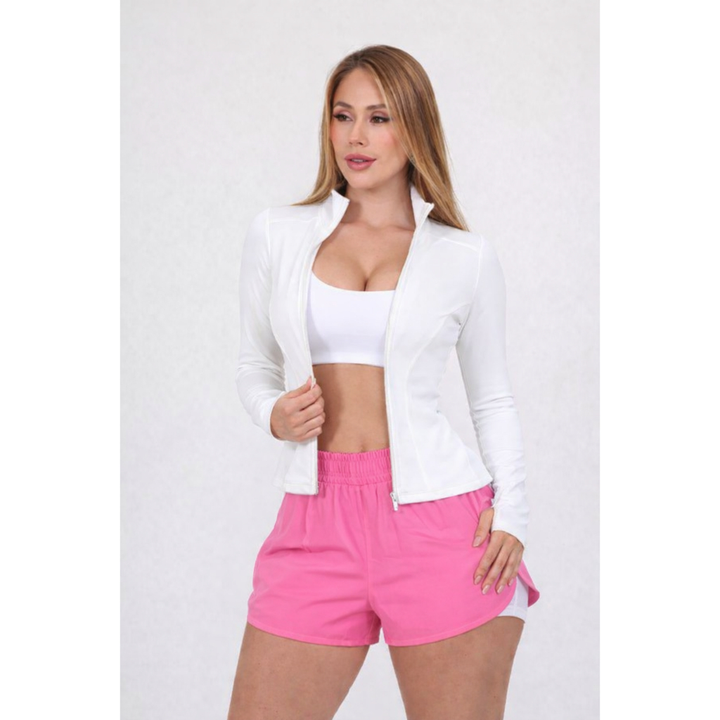 Kit 3 peças Conjunto de Short Duplo Dryfit + Jaqueta Feminina Fitness Esportiva Dedeira Exercício