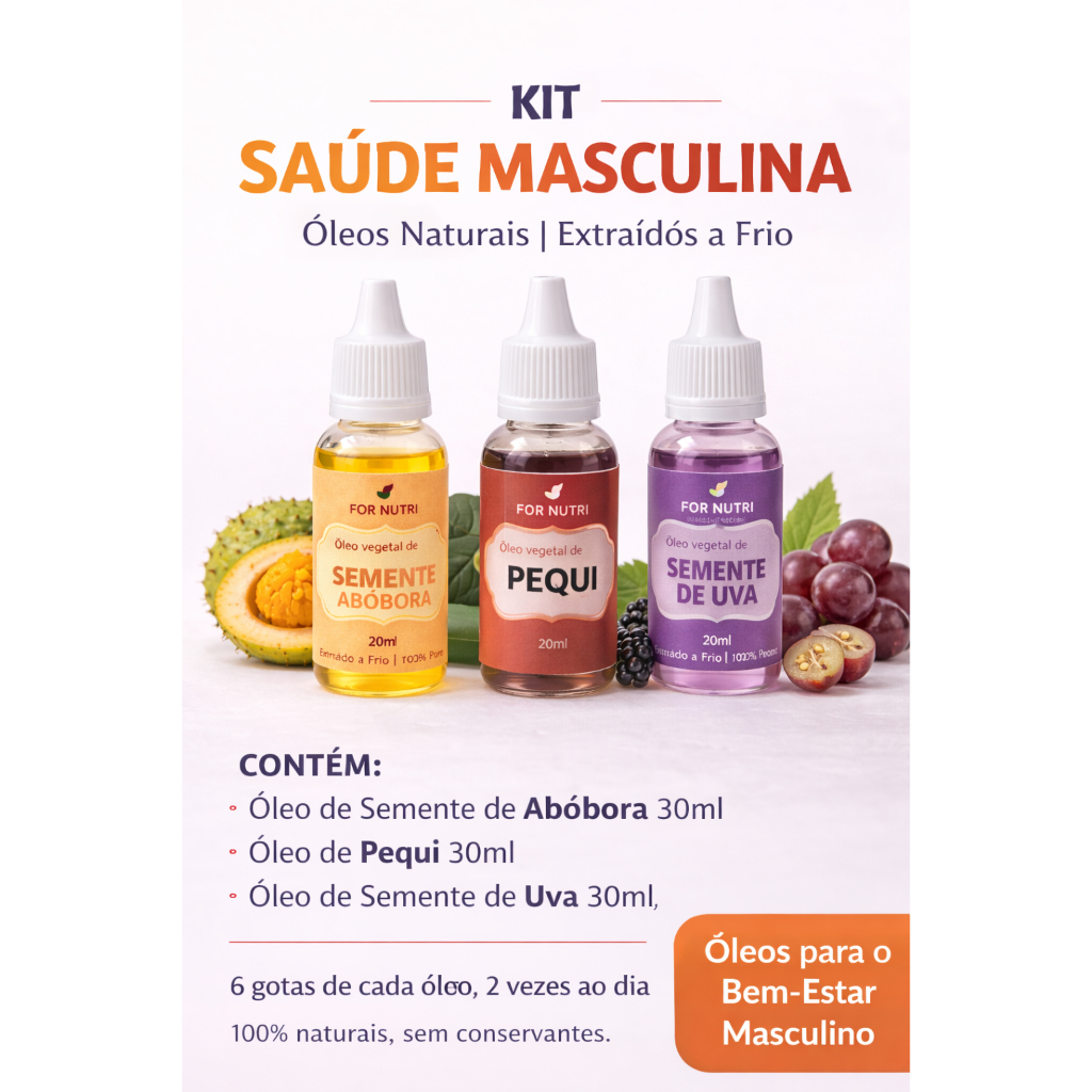 Kit Saúde Masculina -  Óleos Naturais Semente de Abóbora Pequi e Semente de Uva