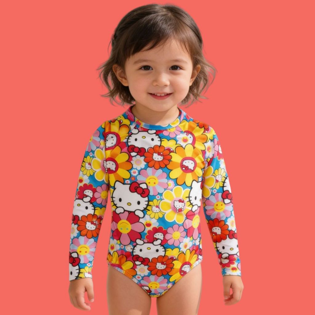 Maio Infantil Hello Kitty forrado  Menina gato colorido moda praia natacao protecao solar UV juvenil