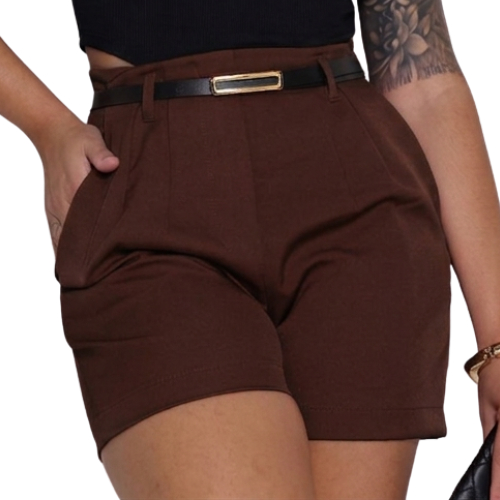 Short feminino  alfaiataria lizo social cintura alta com zíper na lateral bolsos funcionais acompanha cinto verão