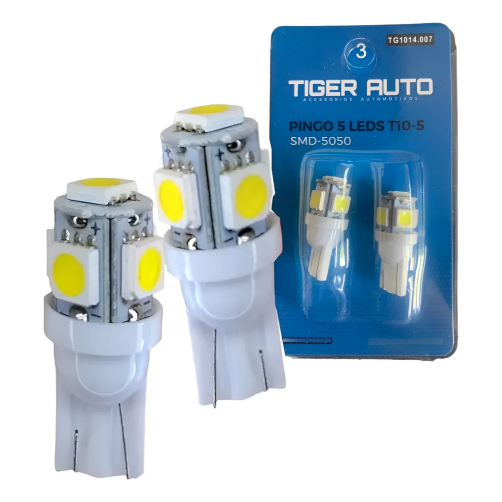 Par Lampada Pigão  T10 5 Leds 6000k 12v Teto Lanterna Pisca T10 Branco