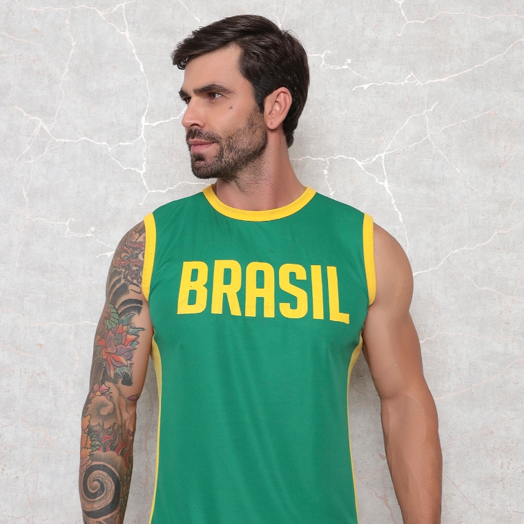 Regata Brasil Masculina Camisa Torcida Seleção Brasileira Fitness Corrida Treino
