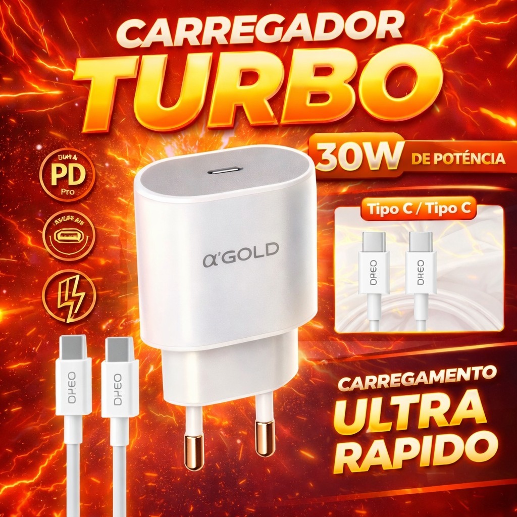 Carregador Completo Tipo C Turbo A`Gold Original SAMSUNG, MOTOROLA E IPHONE 15, 