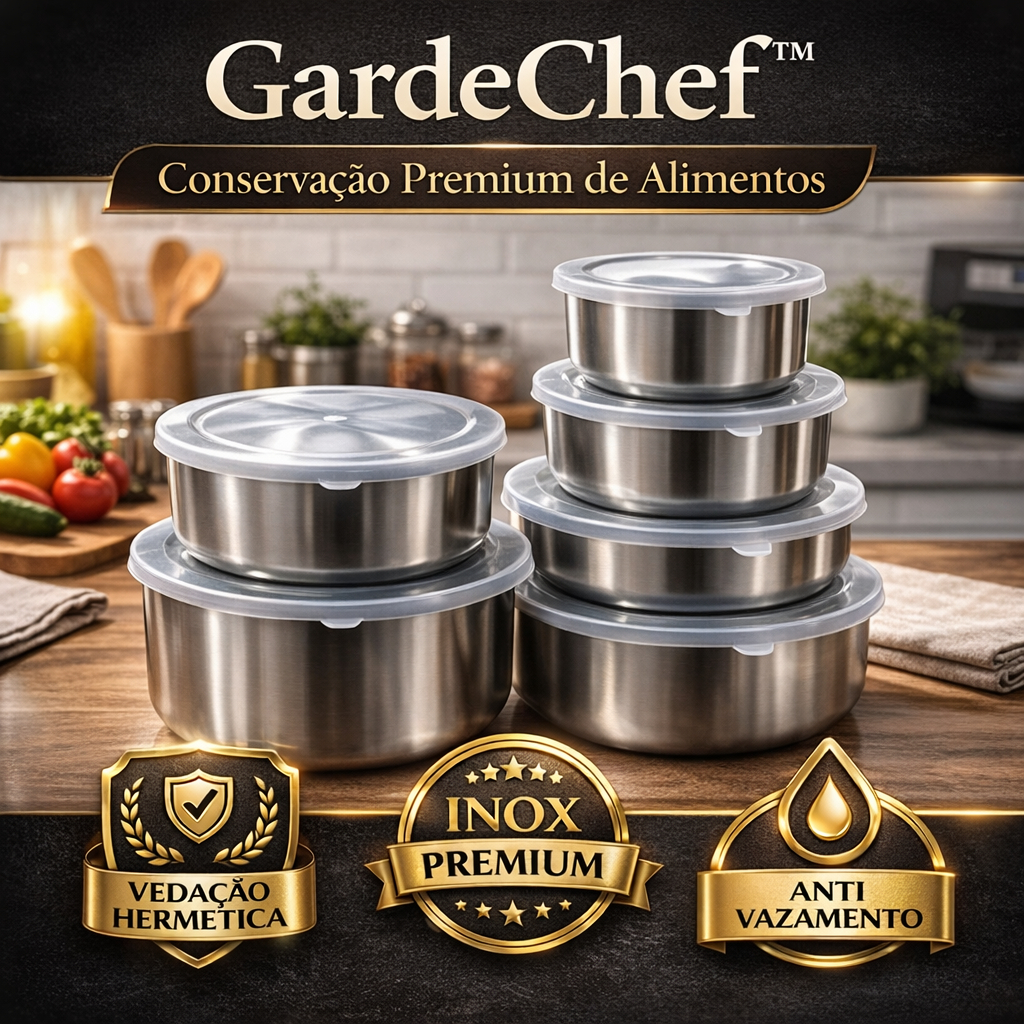 Conjunto 5 Potes Herméticos Inox Premium com Tampa – Potes para Alimentos, Marmita, Organização de Geladeira e Cozinha