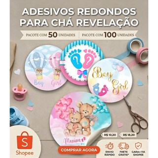 Adesivo Redondo  Chá Revelação Personalizado com nomes - Azul e Rosa Ursinho Decoração em Oferta na Shopee