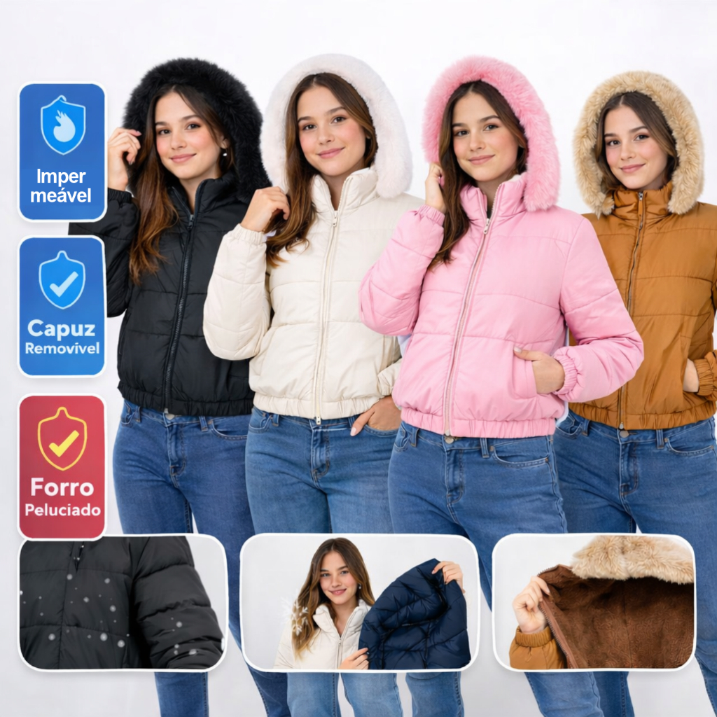 Jaqueta Puffer Feminina Cropped Impermeável Forrada Pelucia Capuz Removivel Blusa de Frio Bobojaco em Oferta na Shopee