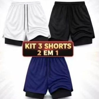 Kit 3 Shorts 2 em 1 Dry Fit Masculino – Forro Interno, Secagem Rápida, Academia e Dia a Dia em Oferta na Shopee
