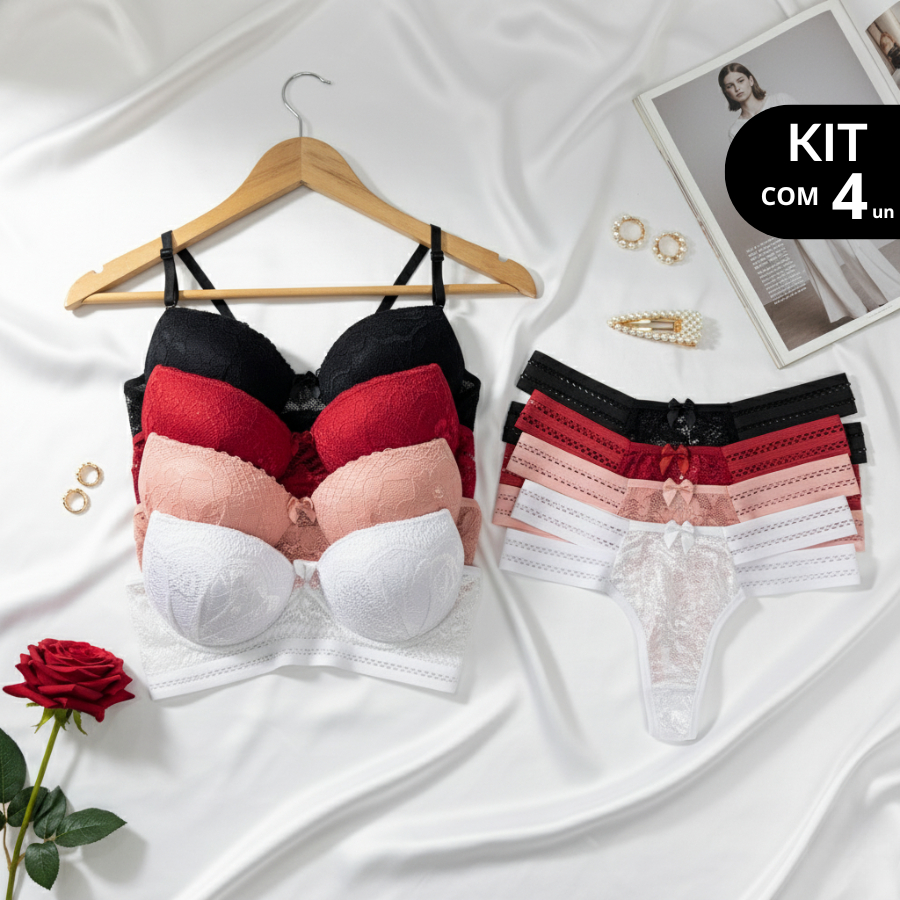 Kit 4 Conjuntos Diva Lingerie Renda Feminina Sutiã com Bojo e Aro Cropped Calcinha Tiras Conforto Vermelha