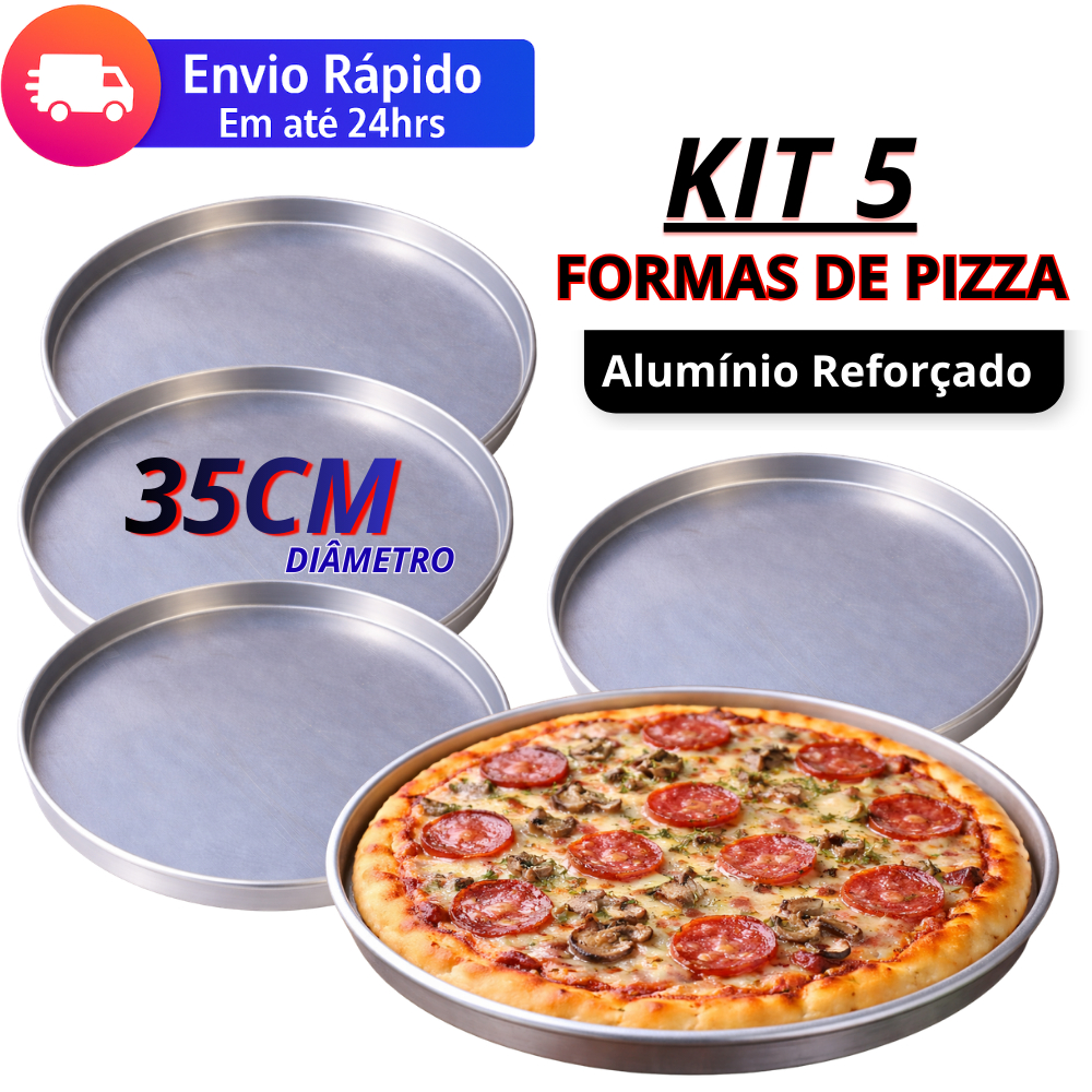 Kit C/ 5, 3, 2 Formas Assadeira de Pizza 35cm Alumínio Polido Reforçada com Borda Redonda para Forno
